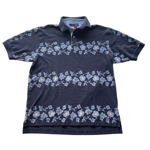 Tommy Hilfiger Hawaiian Floral Polo Shirt Navy Blue Large Vintage Tropical Aloha - Picture 1 of 7